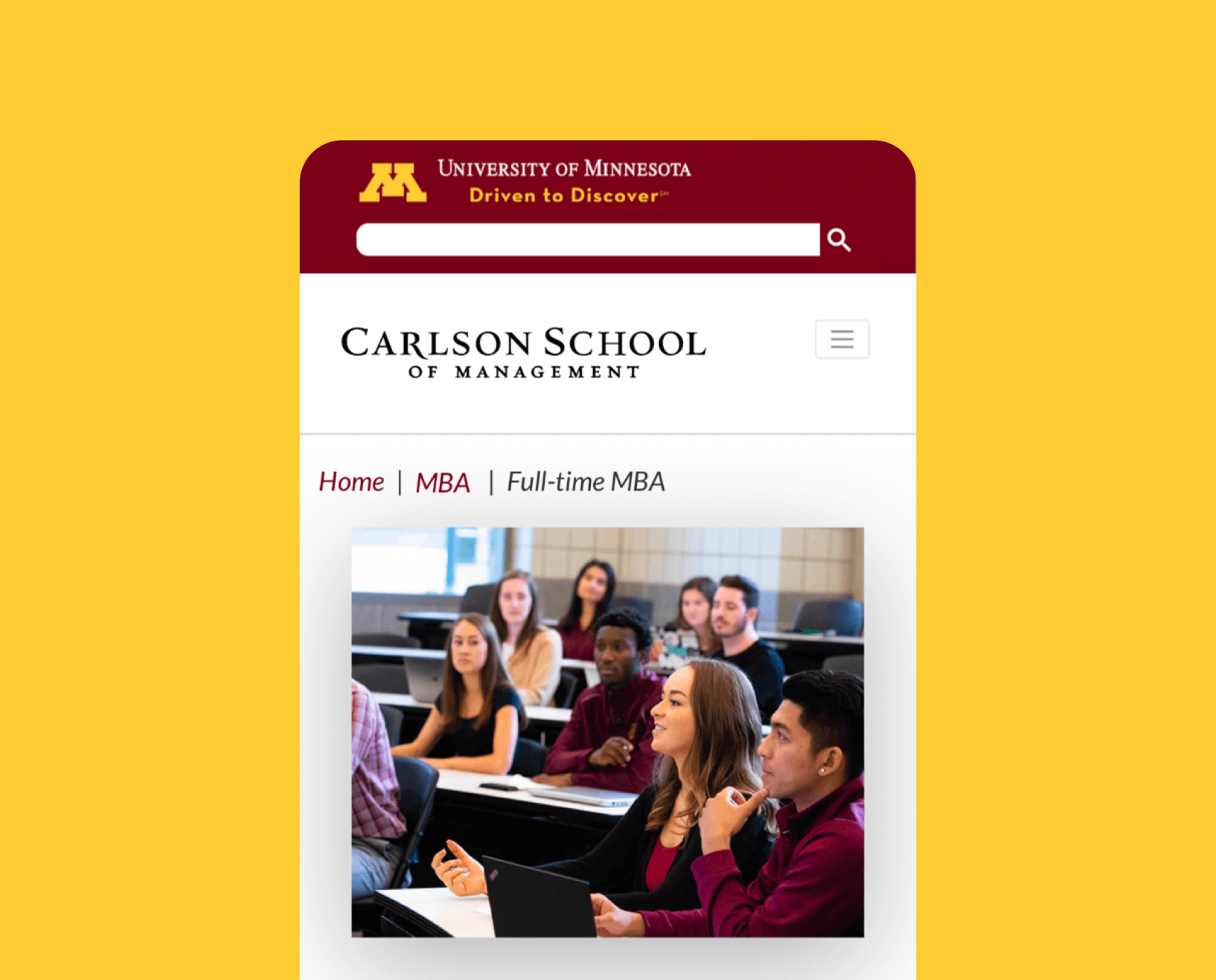 Carlson School of Management full-time MBA landing page mobile view