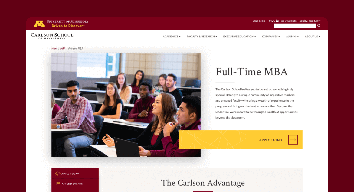 Carlson School of Management full-time MBA landing page