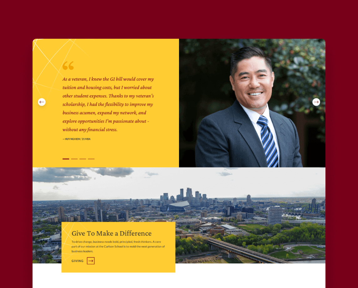 Carlson School of Management alumni testimonial screen