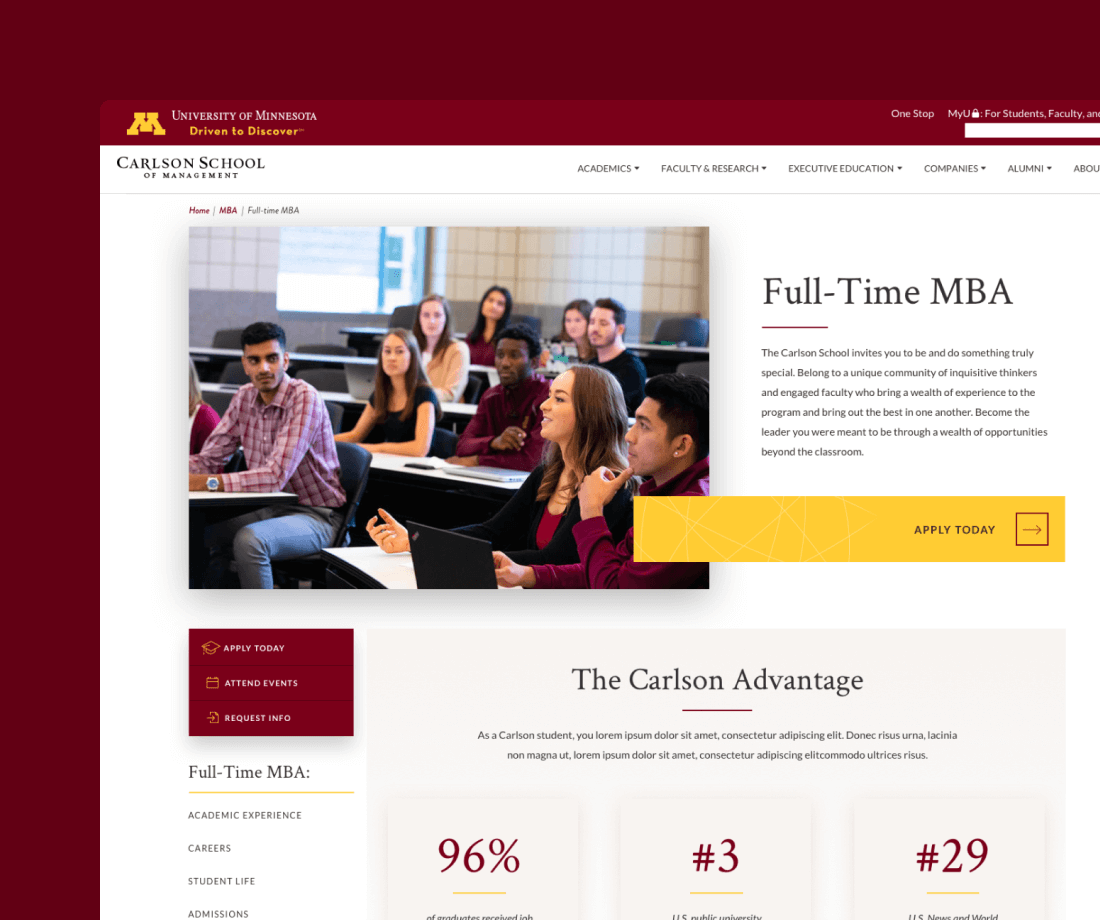 Carlson School of Management full-time MBA landing page