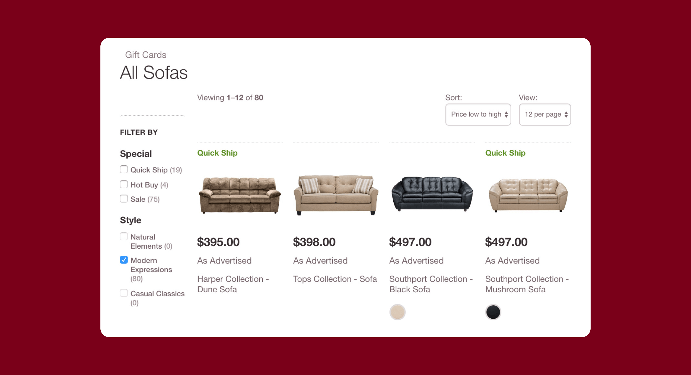 Slumberland product list screen