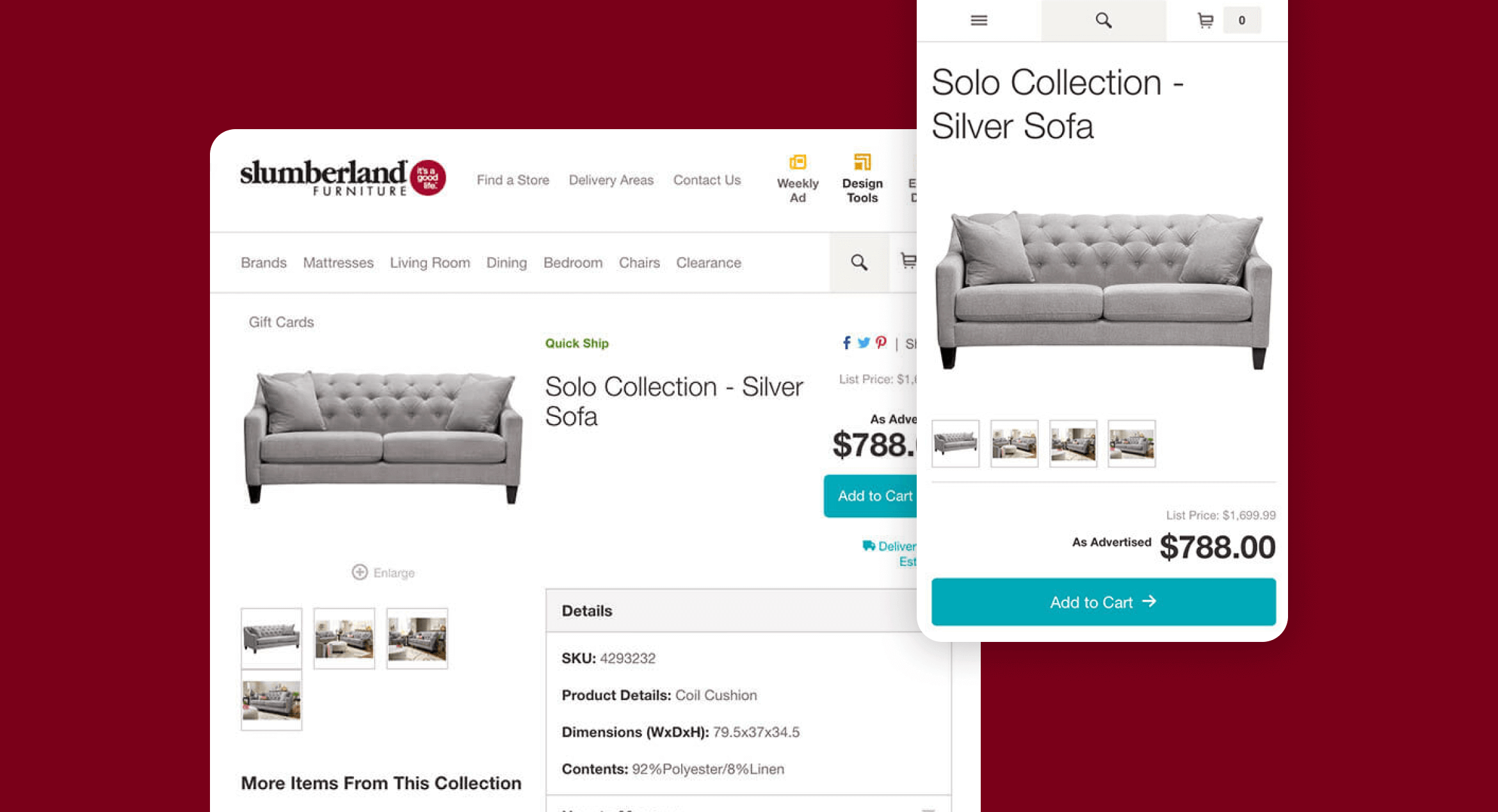 Slumber land product page screen and mobile view