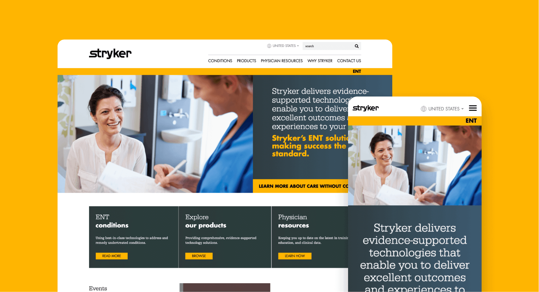 Stryker homepage hero screen and mobile view
