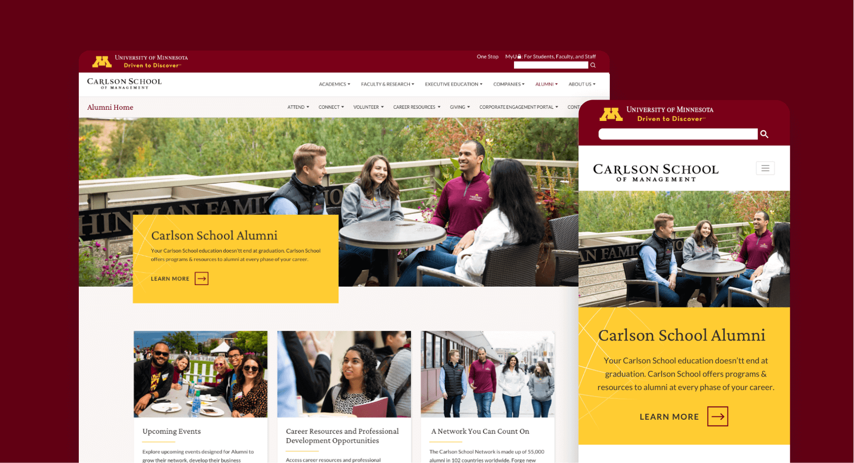 Carlson School of Management alumni screen and mobile view