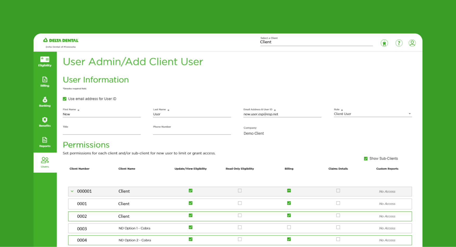 Delta Dental user admin/add client user portal screen