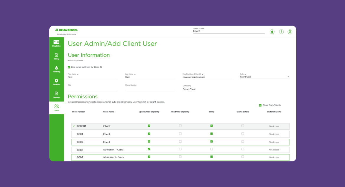 Delta Dental user admin / add client user portal