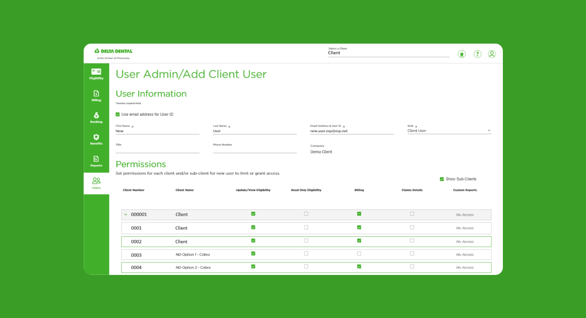 Delta Dental user admin / add client user portal