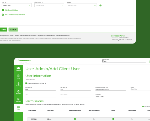 Delta Dental user admin / add client user portal screen