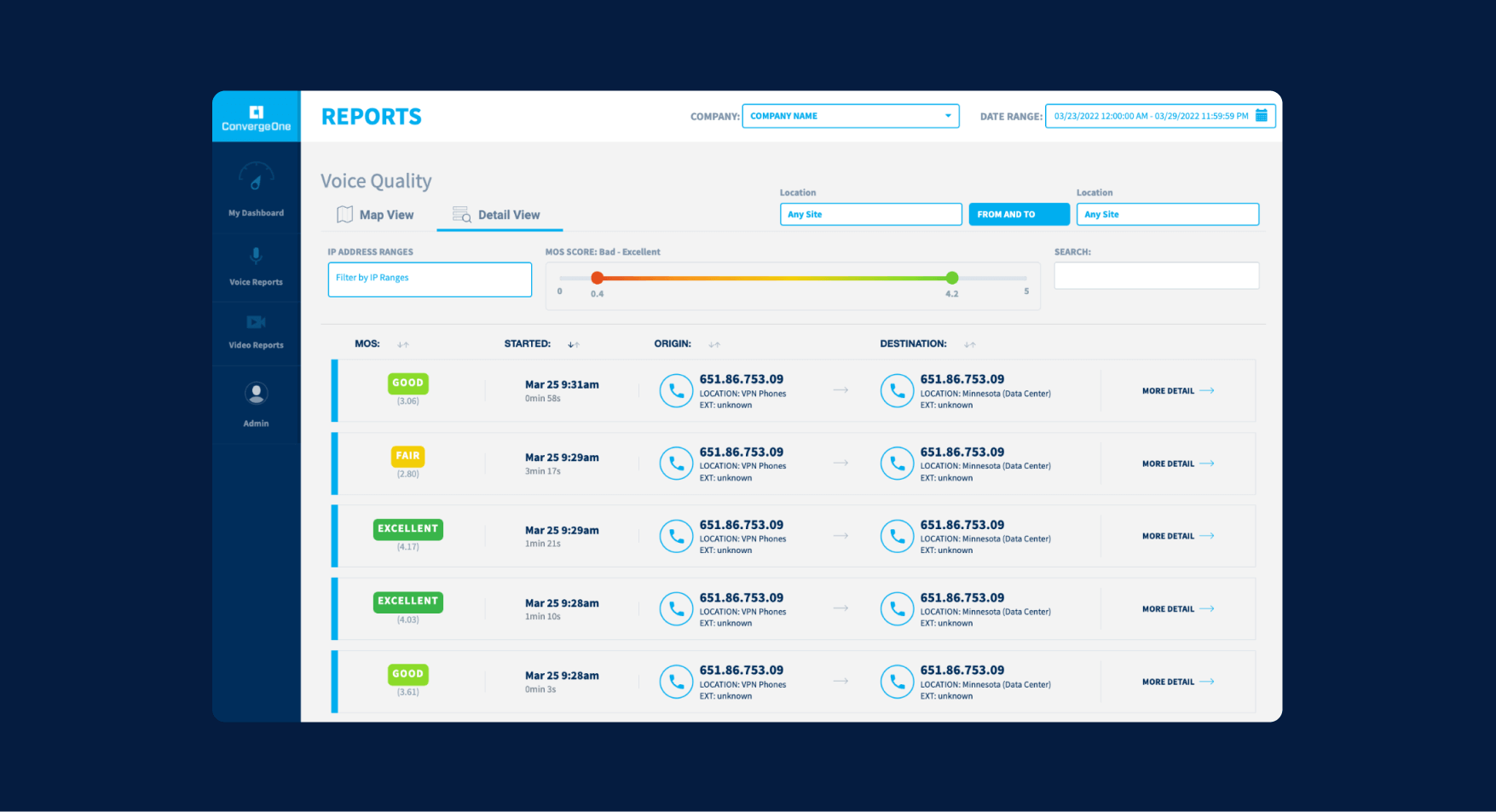 ConvergeOne list of voice quality reports screen