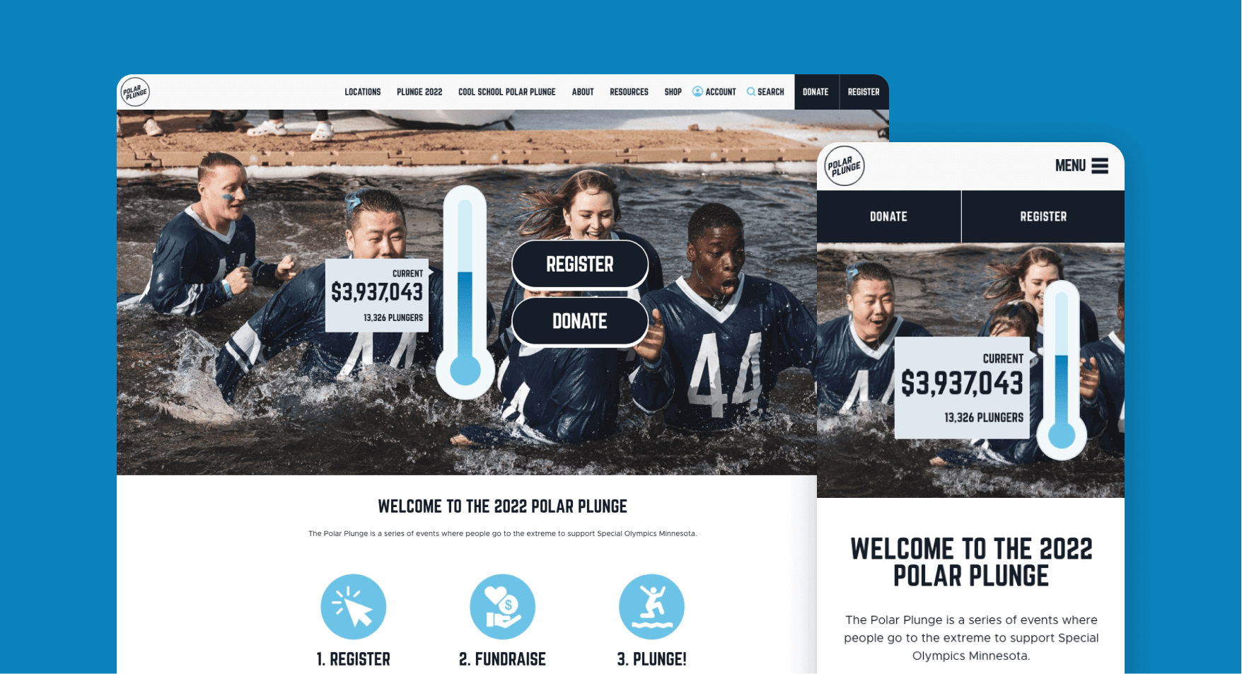 Polar Plunge homepage hero screen and mobile view