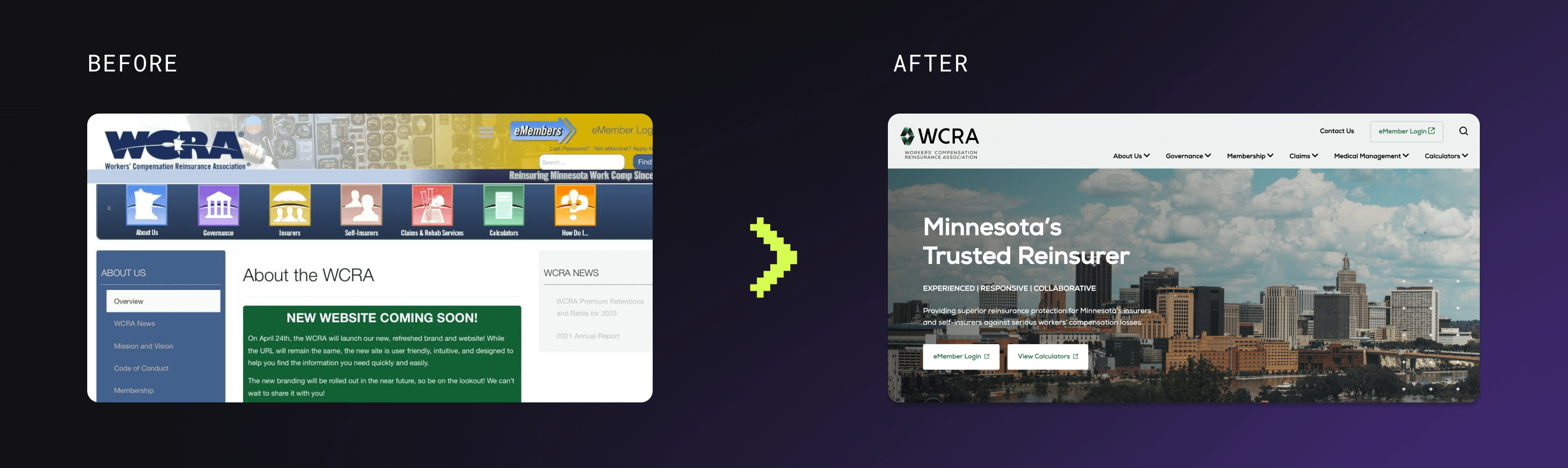 Side by side images of WCRA's homepage before Creed's redesign, and afters
