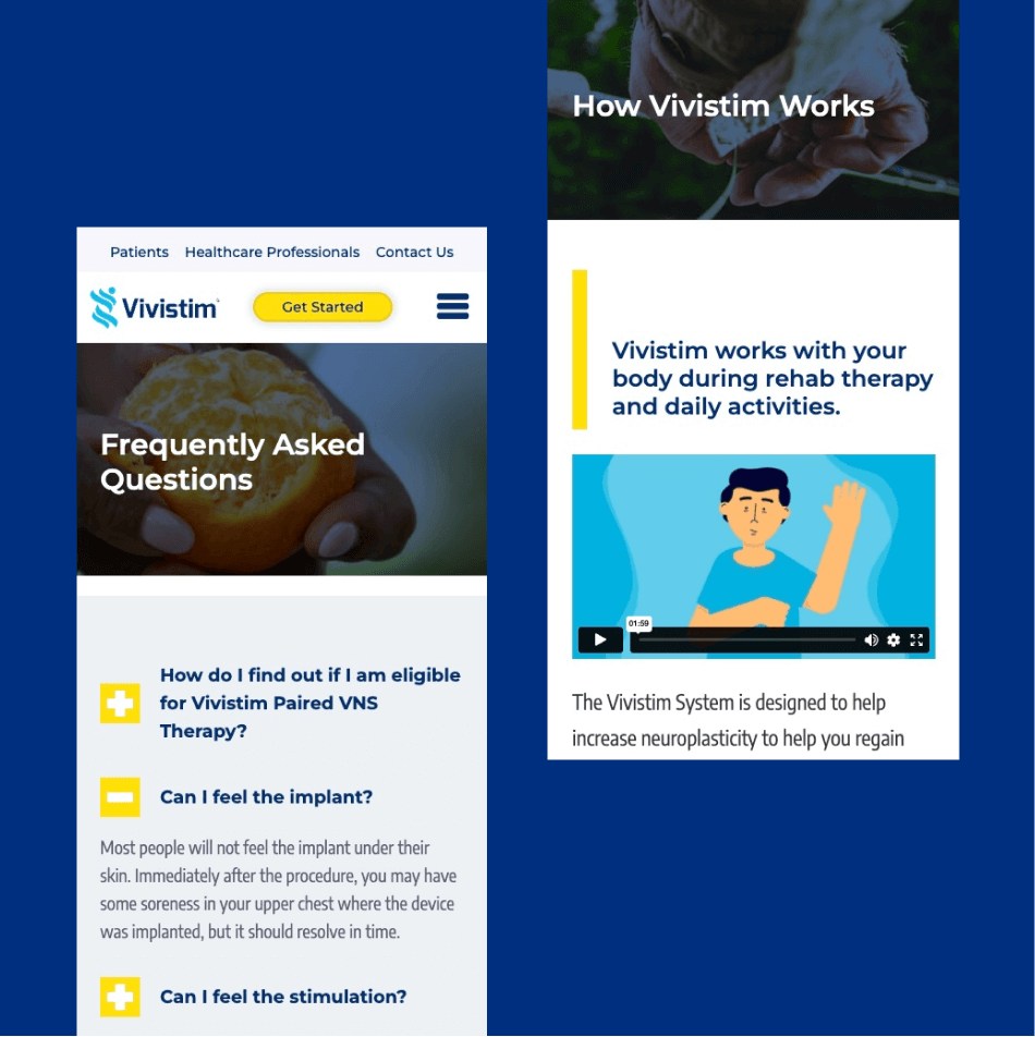 Vivistim's updated webpages shown on mobile views