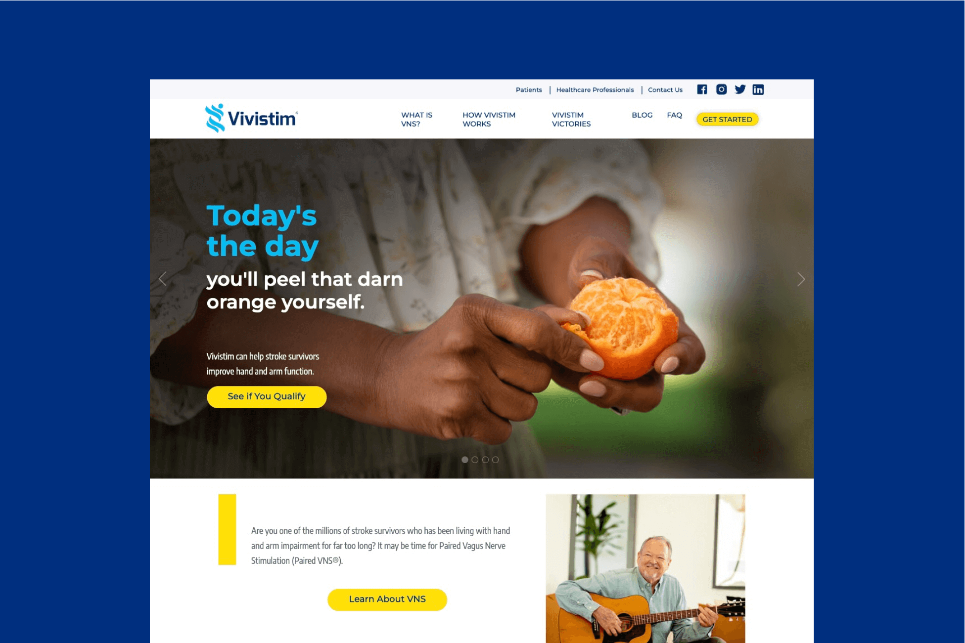 Vivistim's homepage featuring a hero image of someone peeling an orange with the caption "Today's the day you'll peel that darn orange yourself"