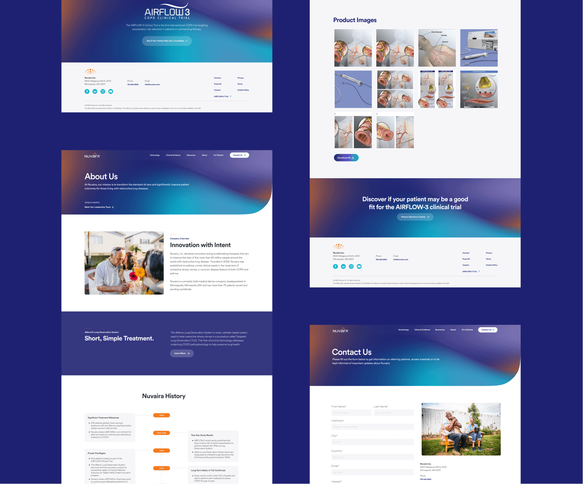 Four examples of Nuvaira's redesigned site, including the home page, About Us page, and products page