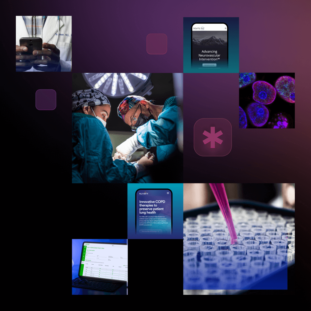 Collage of healthcare themed images and icons, including pipettes, doctors, and examples of our work with healthcare clients