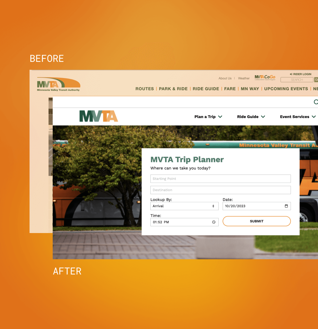 Screenshot of before and after MVTA homepage