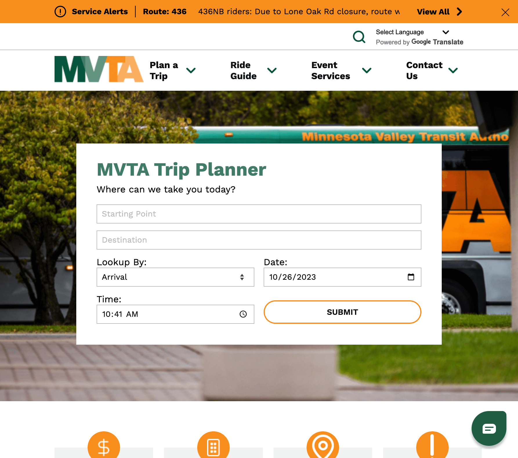 Screenshot of MVTA's new homepage