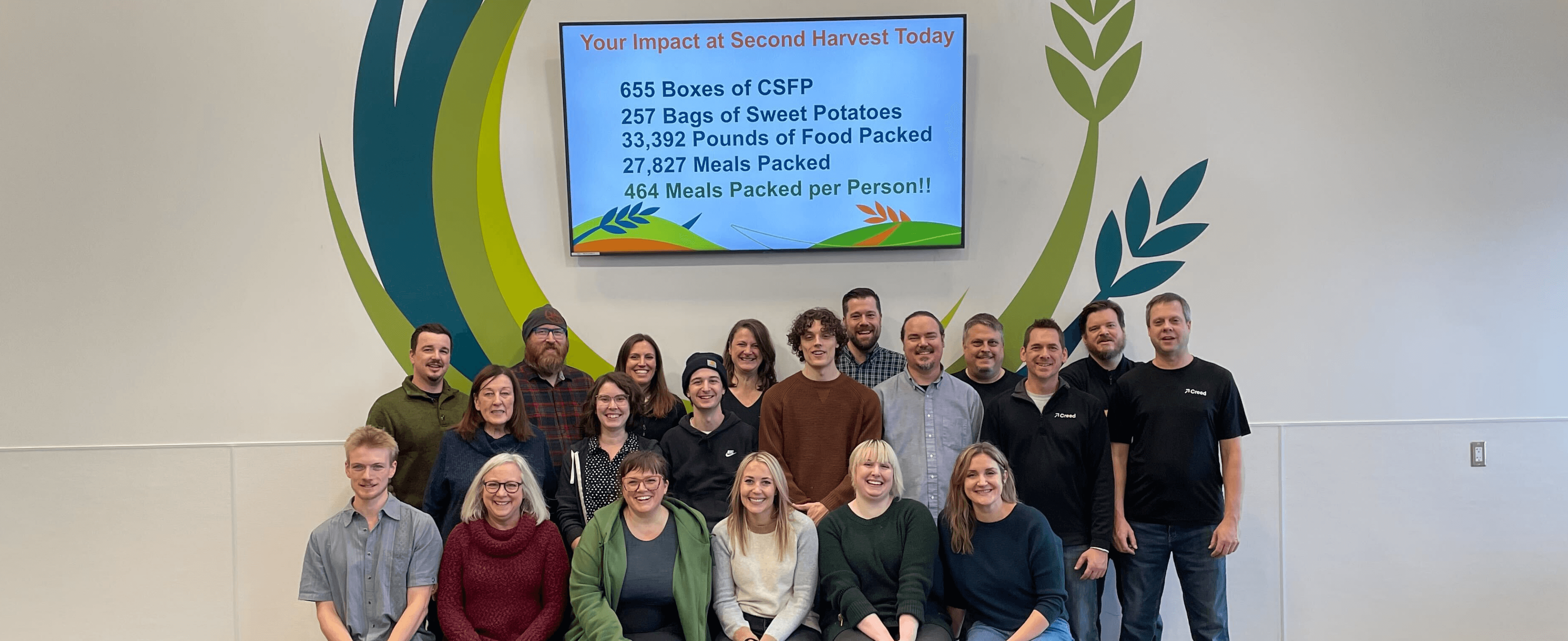 Creed team at Second Harvest in front of a screen of data about how they helped