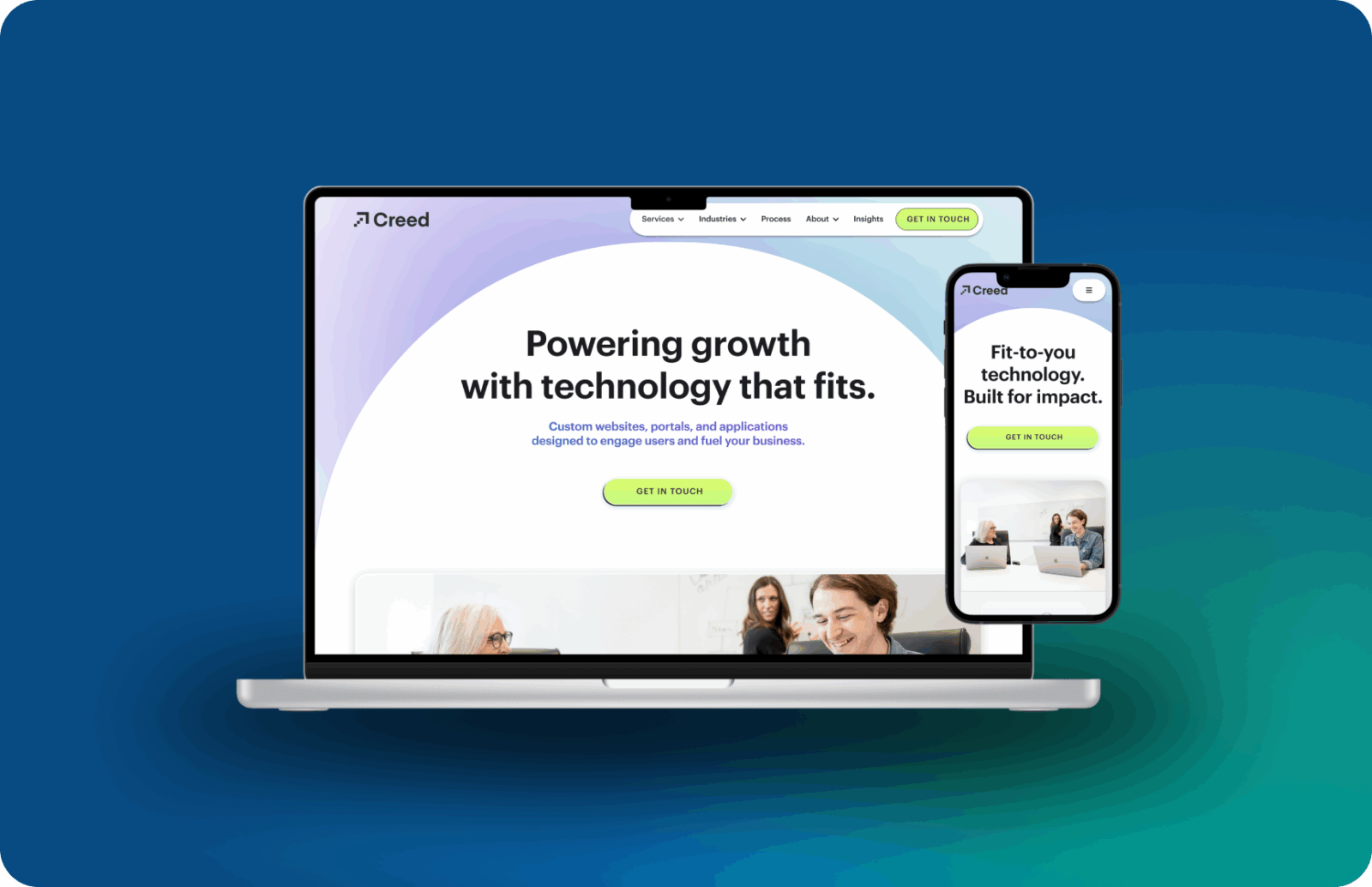 Preview images of the Creed website on a laptop and mobile phone