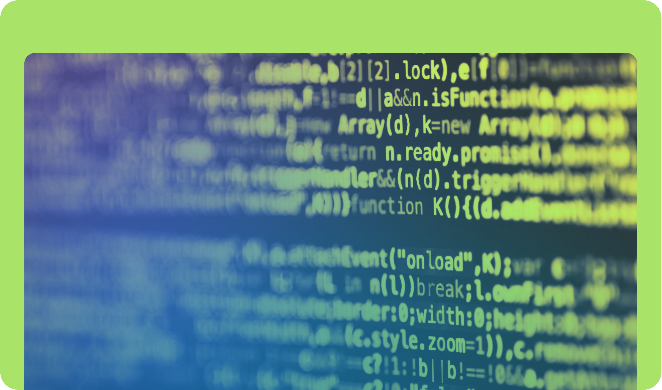 Neon green code text on a black screen with a color gradient overlaid.