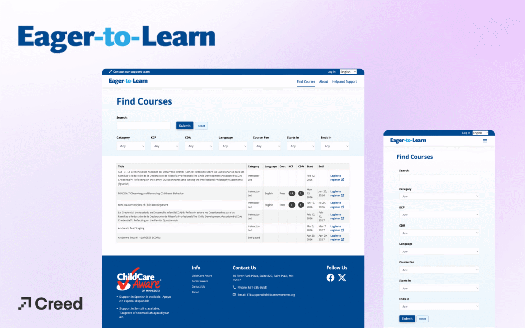 Screenshots of Eager to Learn's website on desktop an dmobile
