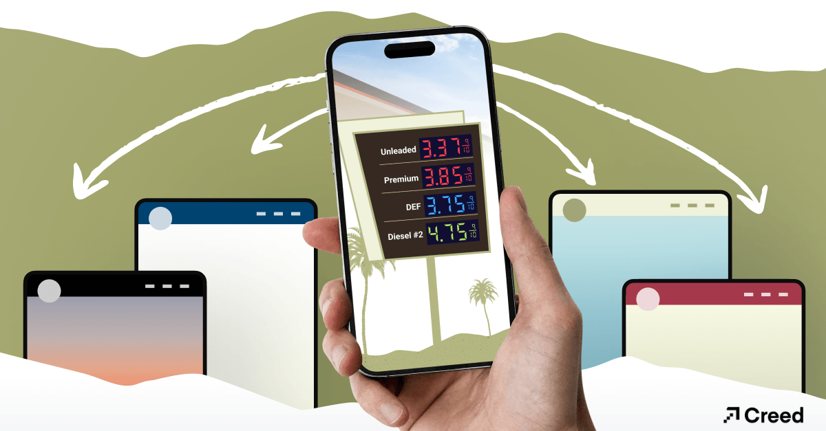 Image of gas prices on a cell phone with arrows pointing to different devices/computers