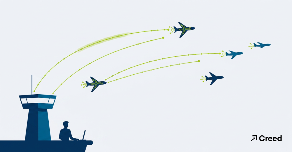 Graphic of air traffic controller looking out over multiple planes taking off
