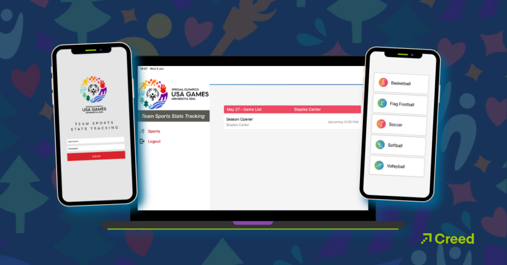 Graphic showing various screens from the Special Olympics 2026 app in desktop and mobile versions