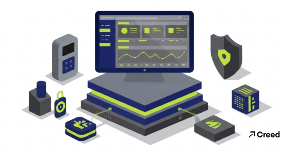 graphic with computer in the middle and various icons around it symbolizing security