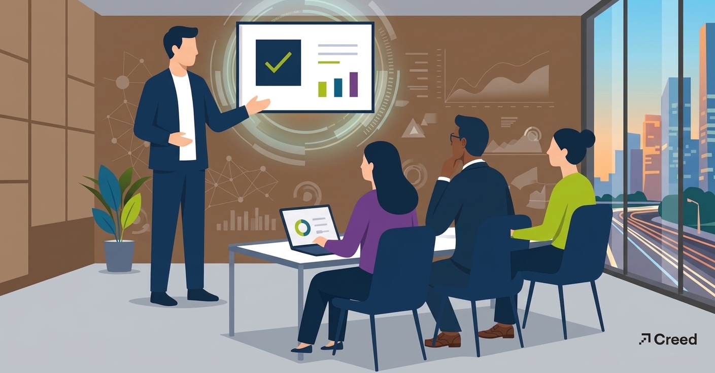 A person talking through a presentation in front of 3 colleagues