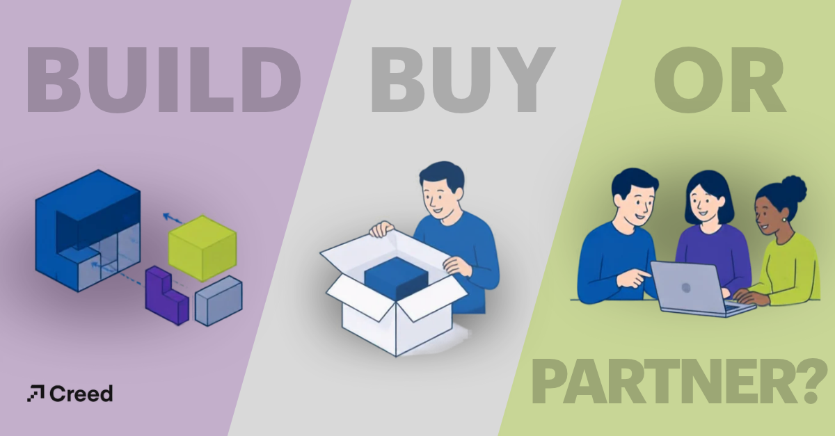 3 graphics with words above saying "build, buy, or partner?"
